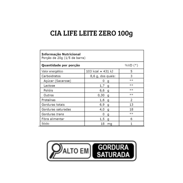 Barra de chocolate zero ao leite Cia Life 100g - Imagem 2